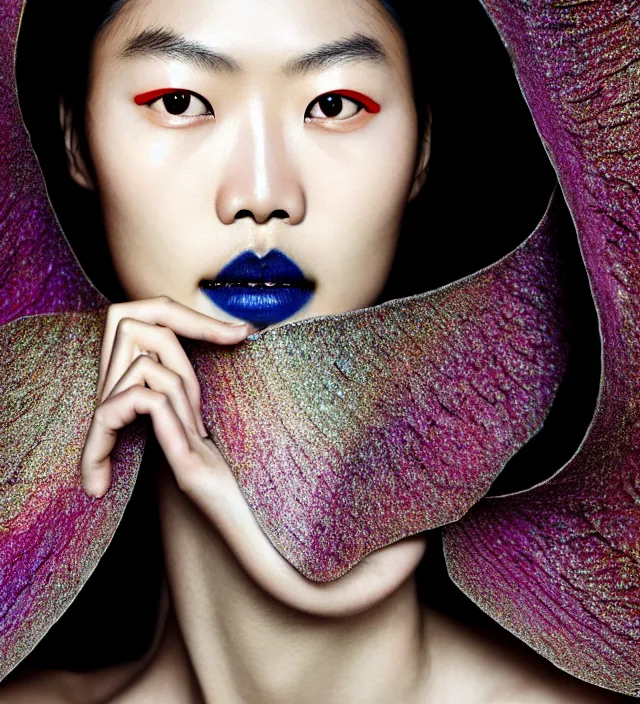 Image similar to photography facial portrait of liu wen, natural background, natural pose, wearing stunning cape by iris van herpen, with a colorfull makeup. highly detailed, skin grain detail, photography by paolo roversi, nick knight, helmut newton, avedon, araki