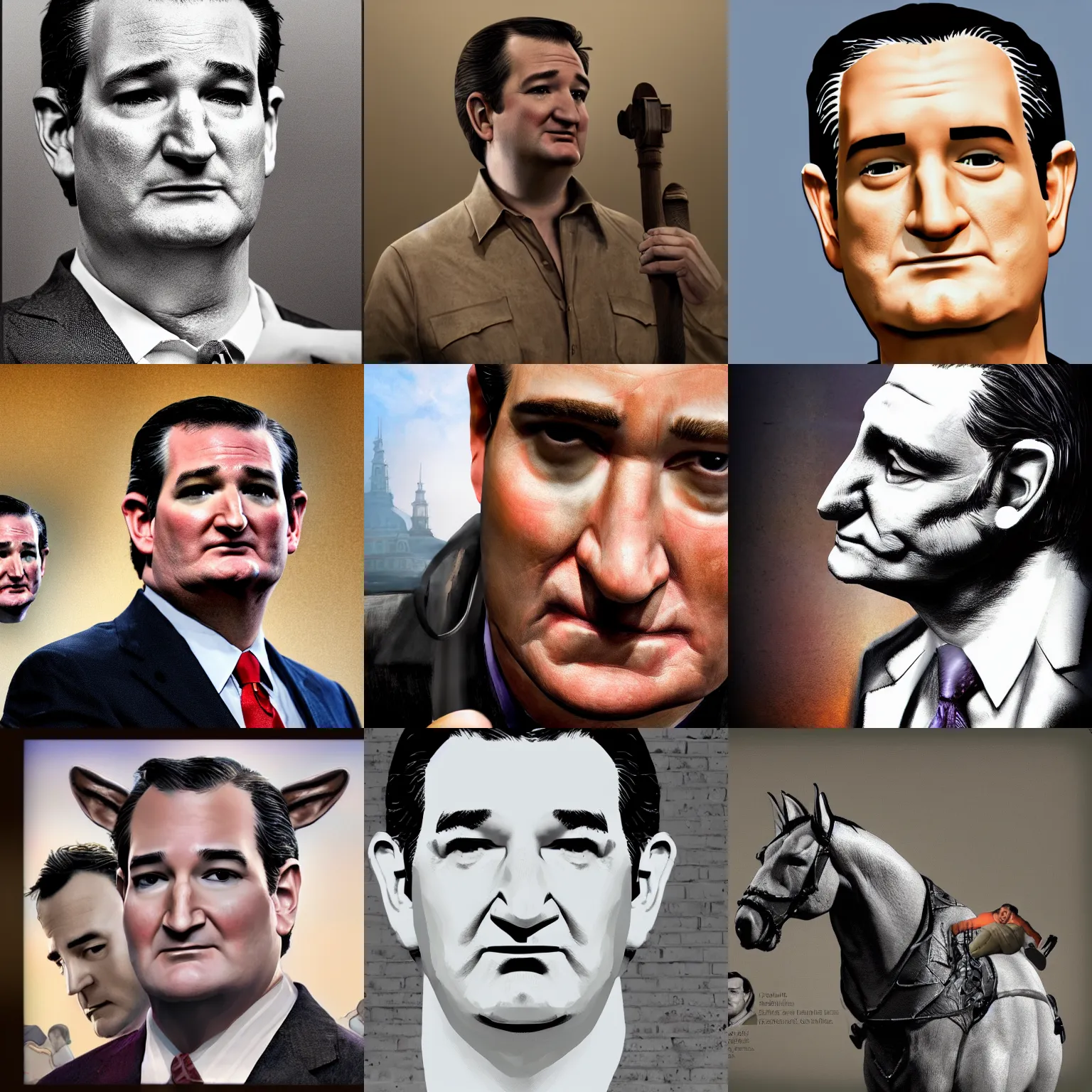 Prompt: ted cruz as a centaur, 8k, high fidelity, detailed face, cinematic, trending digital art