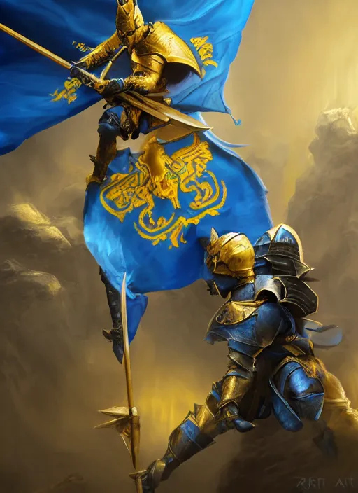 Image similar to An epic fantasy painting of a cat knight with Ukrainian blue and yellow flag, unreal engine, DAZ, hyperrealistic, octane render, cosplay, RPG portrait, dynamic lighting, trending on ArtStation