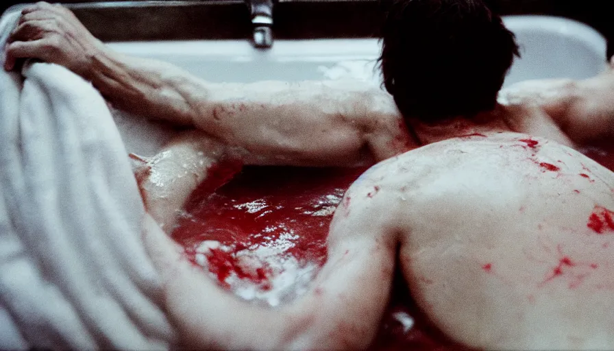 Image similar to hyper detailed movie still of marat knife at the chest, in a bath flooded with blood, cinestill 8 0 0 t 3 5 mm, high quality, heavy grain, high detail, cinematic composition, dramatic light, anamorphic, ultra wide lens, hyperrealistic, by josef sudek