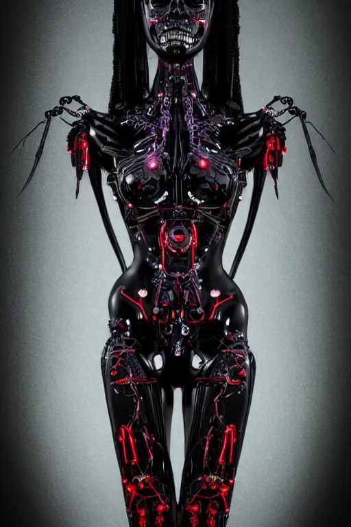 Image similar to full-body cyberpunk style sculpture of a young beautiful dark priestess, half android with a head opening exposing circuitry, glowing red eyes, black roses, flowing blood red colored silk, fabric, candles. baroque elements, human skull. full-length view. baroque element. intricate artwork by Caravaggio. crows flying in background. Trending on artstation, octane render, cinematic lighting from the right, hyper realism, octane render, 8k, depth of field, 3D