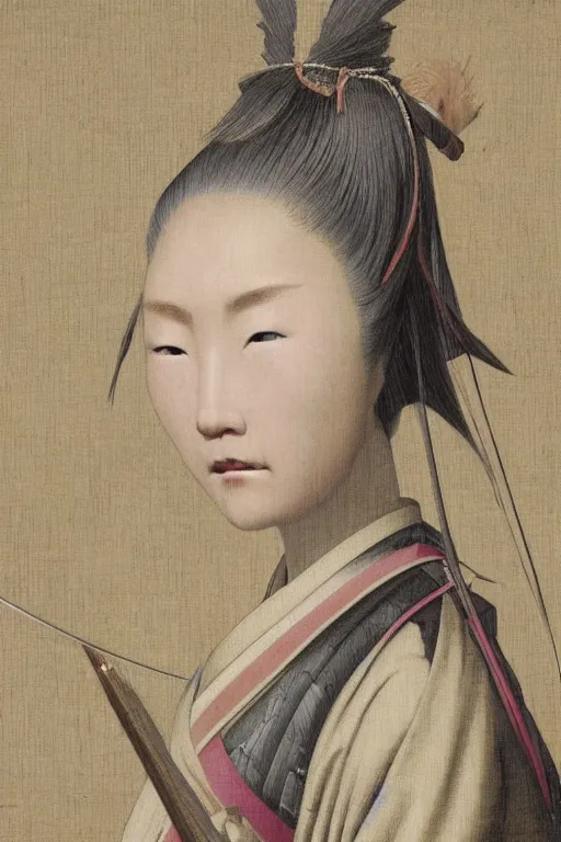 Prompt: Baroque painting of a female Japanese Samurai, inspired by Gustav Moreau and Wayne Barlowe, exquisite detail, hyper realism, ornate, exquisite detail, cute face