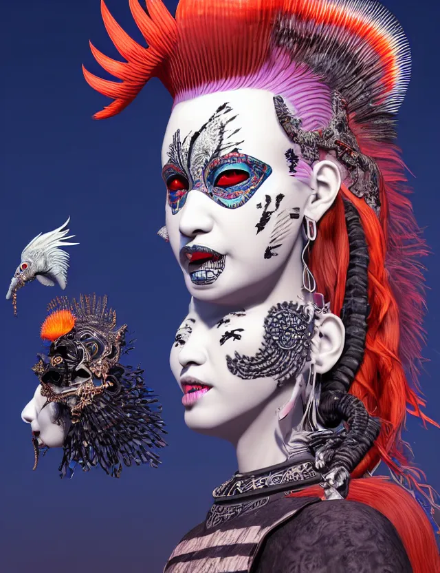 Image similar to 3 d goddess close - up profile portrait punk with mohawk with ram skull. beautiful intricately detailed japanese crow kitsune mask and clasical japanese kimono. betta fish, jellyfish phoenix, bio luminescent, plasma, ice, water, wind, creature, artwork by tooth wu and wlop and beeple and greg rutkowski