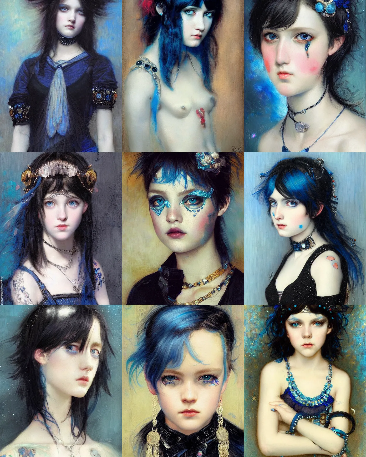 Prompt: black-haired blue eyes jewelled !!punk rock!! girl portrait by Edgar Maxence and Ross Tran