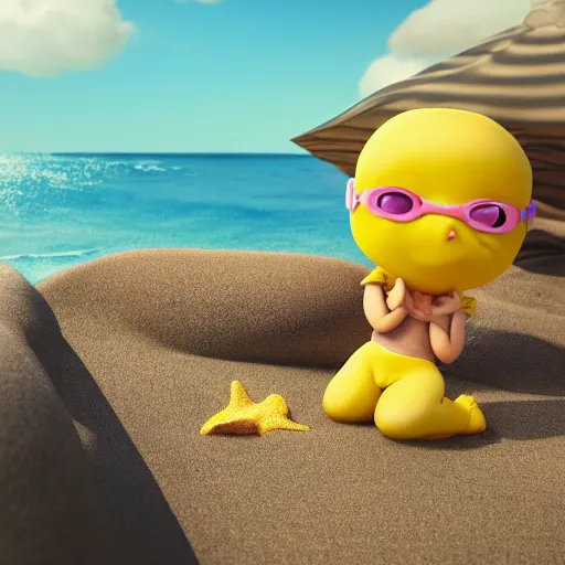 Image similar to a supercute lemon cartoon character, that is fit and muscular, it's is relaxing on a beach, inspired by dalle - 2, octane render, 3 d, volumetric lightening