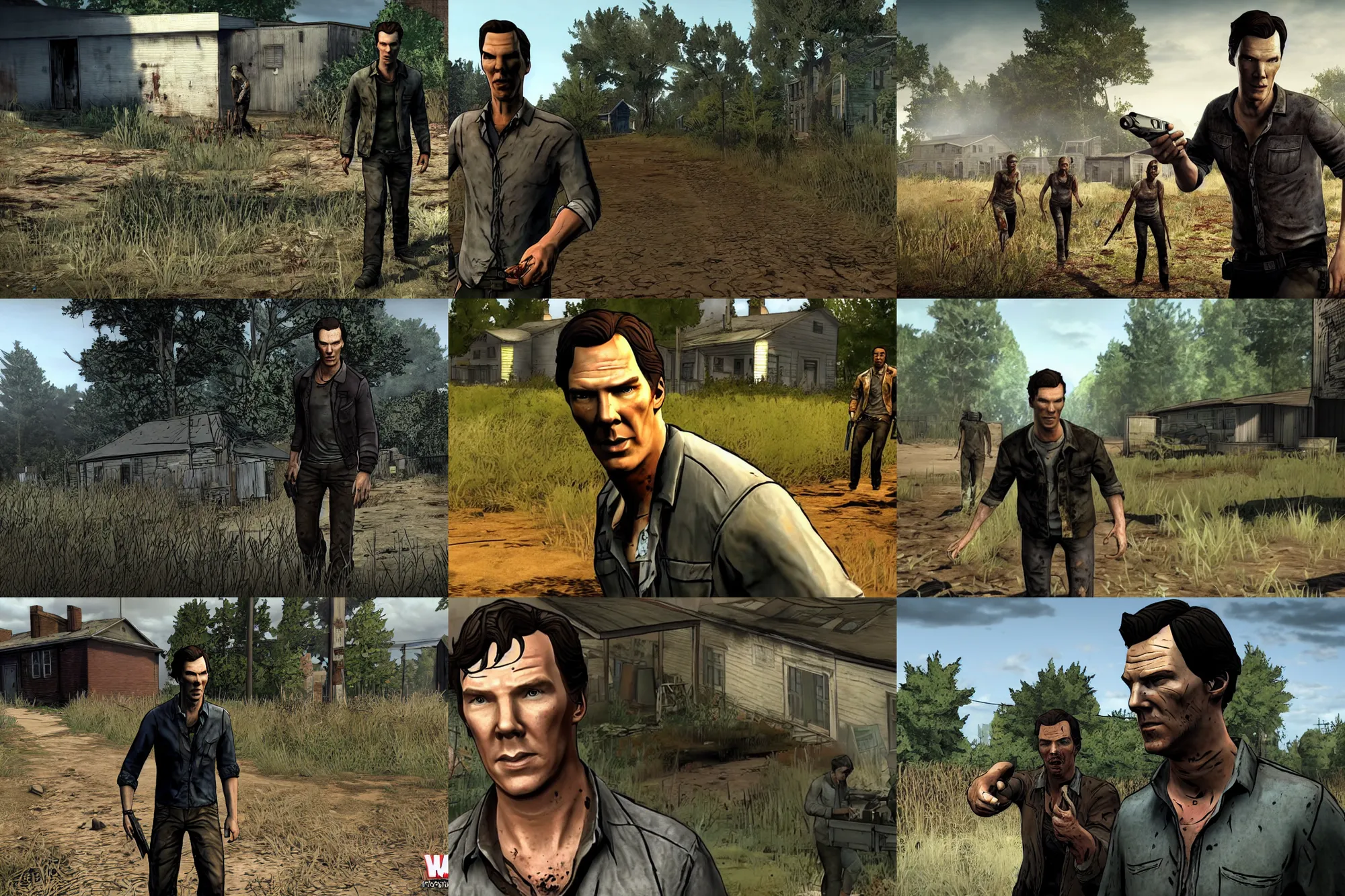 Prompt: a promotional gameplay screenshot of benedict cumberbatch in the video game the walking dead by telltale games. 3 d rendering. very detailed