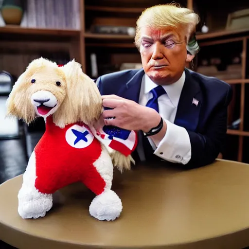 Image similar to a plush Donald Trump being chewed by a dog