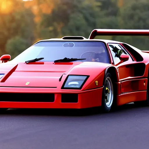 Image similar to arnold schwarzenegger driving a ferrari f 4 0, photo of the year, golden hour, highly detailed