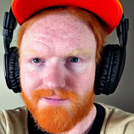 Image similar to middle aged streamer on twitch with black hat, stubble, ginger hair, orange hair, black cap, stubbles, red headphones, in the style of jeremiah ketner