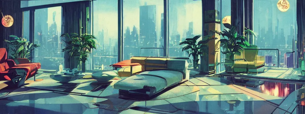 Image similar to concept art, retro - futurist penthouse, night - time, designer furniture, high ceiling, 6 0 s colour palette, plants, flowers, floor lamps, multi - level, reflections, soft lighting, city view, bladerunner, james jean, syd mead, akihiko yoshida, cinematic