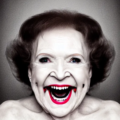 Image similar to symmetrical, close up face portrait of vampire betty white, evil grin, studio lighting, depth of field, photography, black and white, highly detailed