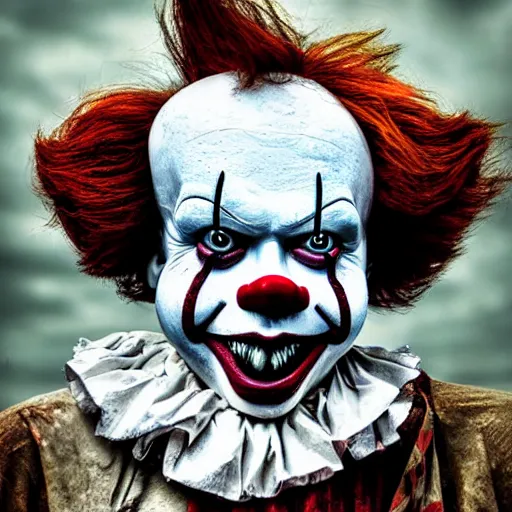 Image similar to Homeless portrait of Pennywise in scrappy clothing, HD, award winning photograph