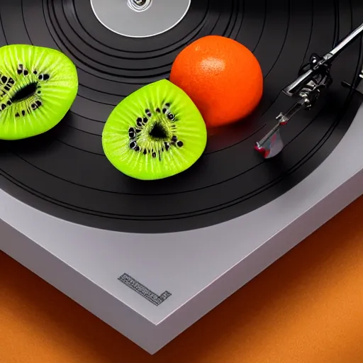 Prompt: product shot of vinyl turntable vinyl record with texture of kiwi fruit, 4 k, unreal render, by blender guru, syntwave colors