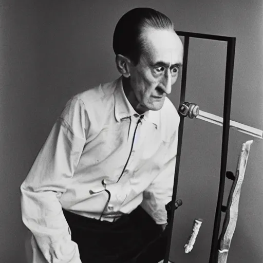 Image similar to Kodachrome portrait of Marcel Duchamp with an technologival machine, archival pigment print in the style of Hito Steyerl, studio shooting, contemporary art