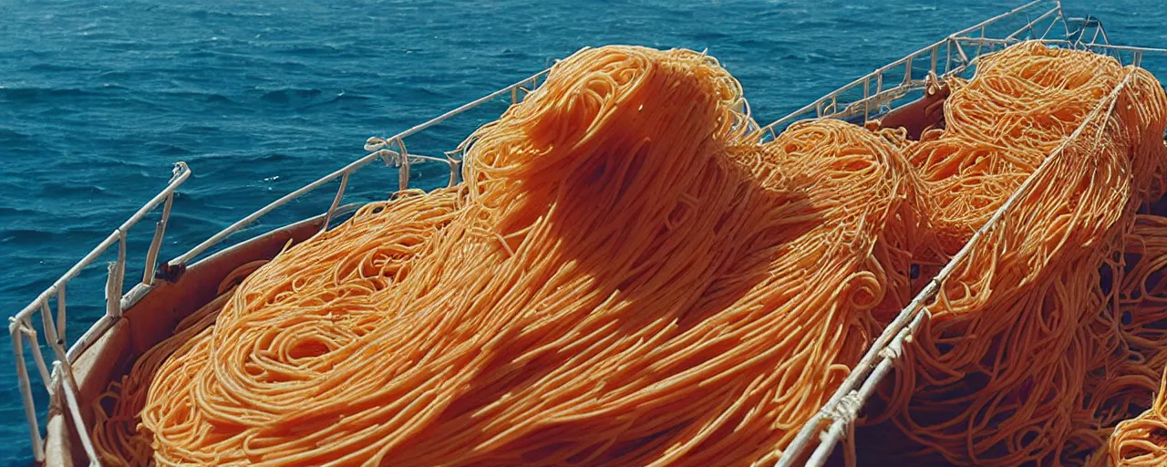 Image similar to a ship carrying a load of spaghetti across the ocean, national geographic, detailed, canon 2 0 mm, wes anderson, kodachrome