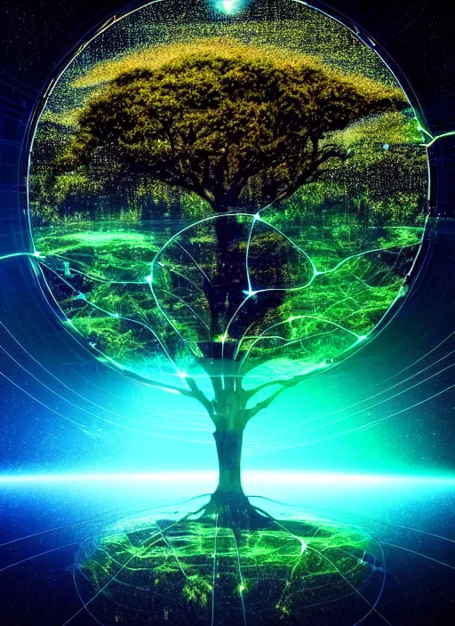 Image similar to high depth, collective civilization tree, calm, healing, resting, life, hybrids, scifi, glowing lights!!, published concept art, mixed medias, image overlays, sharp focus, thin glowing wires, winning illustration, eyes reflecting into eyes into infinity, singularity!!!, 3 6 0 projection