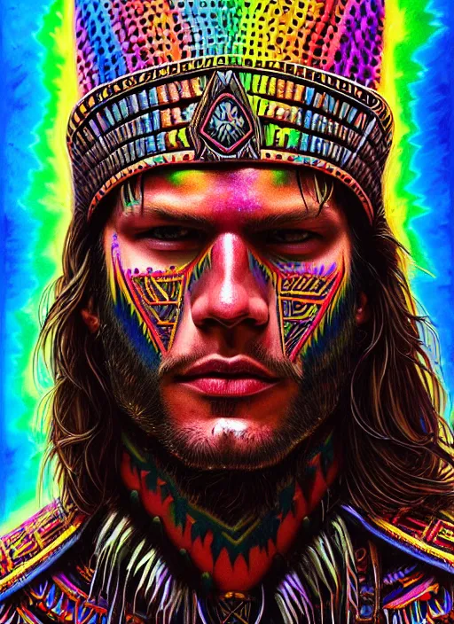 Image similar to portrait of jared padalecki, hyper detailed ultra sharp aztec shaman warrior. trending on artstation, warpaint aesthetic, bloodwave, colorful, psychedelic, ornate, intricate, digital painting, concept art, smooth, sharp focus, illustration, art by artgerm and greg rutkowski and h. r. giger, 8 k