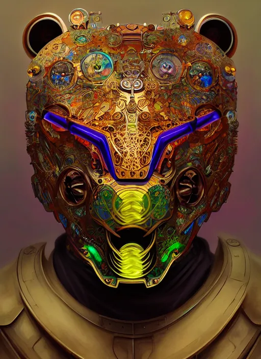 Image similar to organic cyborg, asian brightly coloured bear mask opening, diffuse lighting, fantasy, intricate, elegant, highly detailed, lifelike, photorealistic, digital painting, artstation, illustration, concept art, smooth, sharp focus, art by John Collier and Albert Aublet and Krenz Cushart and Artem Demura and Alphonse Mucha