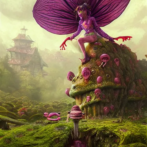 Prompt: portrait of a horrifying colorful hyper realistic godlike fairy slaughtering a live a frog , detailed mushroom village in the background , low angle, Greg rutkowski legendary matte painting, post-processing, fantasy , masterpiece , art style of junji ito, painting , vibrant colors