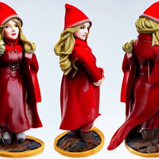 Prompt: 80mm resin model figure female gnome wearing long red coat ,fantasy, D&D, HDR, , natural light, medium close shot, dynamic pose, award winning photograph, Mucha style