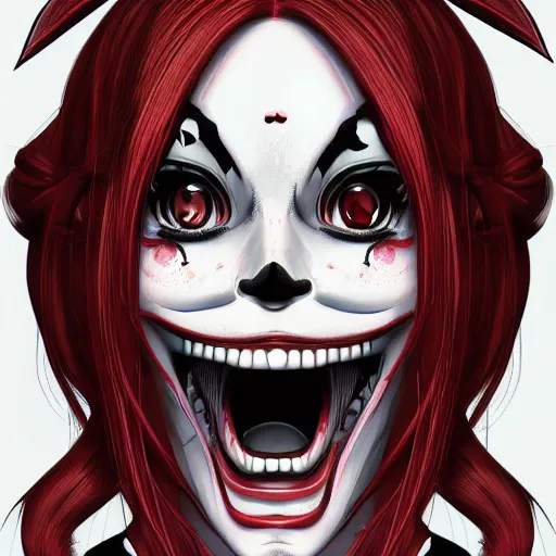 Image similar to portrait of a anime manga happy smiley Joker girl skull face detailed highres 4k by Trevor Brown pop art nouveau