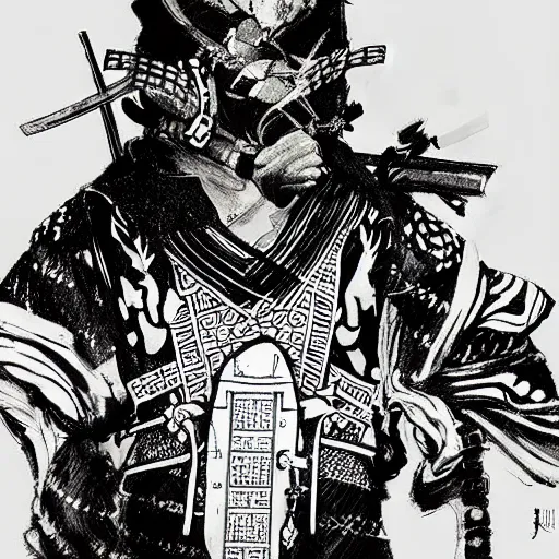 Prompt: a portrait of Black bird as samurai, detailed, editorial illustration, matte print, concept art, ink style sketch,