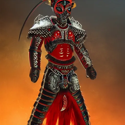 Image similar to mexican indigenous warrior in a ornated armor preparing for war, full body, dynamic pose, red and obsidian neon, concept art, intricate details, highly professionally detailed, cgsociety, highly detailed -