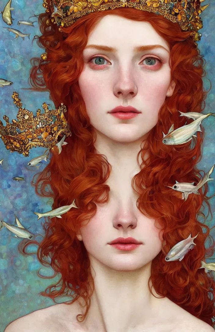 Prompt: beautifull classic portrait of a young redhair woman wearing a crown made of fish, watercolors, intricate, elegant, highly detailed, digital painting, artstation, concept art, smooth, sharp focus, illustration, art by krenz cushart and artem demura and alphonse mucha, dynamic lighting, ultrarealistic, cinematic, octane render, unreal engine, 8 k