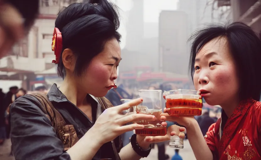 Image similar to cinestill 5 0 d candid photographic portrait by helen levitt of two android women sharing a drink in futuristic china, extreme closeup, modern cyberpunk, dust storm, 8 k, hd, high resolution, 3 5 mm, f / 3 2, ultra realistic faces, intricate detail, ex machina