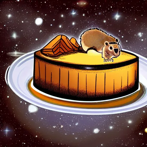 Image similar to a squirel in space eating a cheesecake, digital art