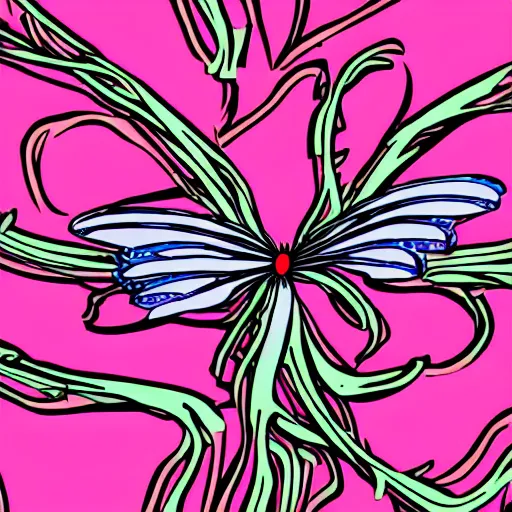 Prompt: the skeleton of a fairy is ribbon dancing on a thorny vine. the ribbon is neon green, retro wave