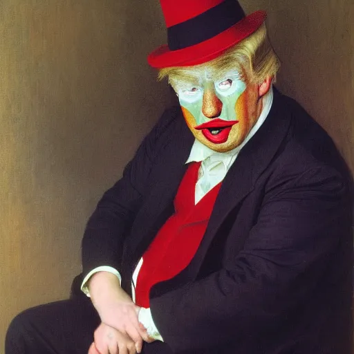 Prompt: Painting of Donald Trump as a clown. Old. Unhappy. Bald. Fat. Art by william adolphe bouguereau. Very very very very very very much detailed. Ugly. 4K. Award winning.