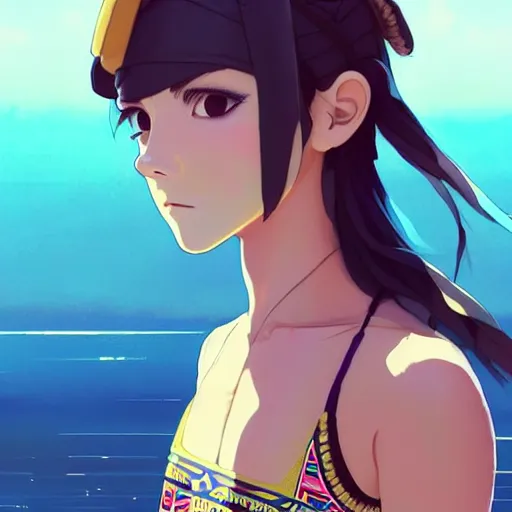 Image similar to a beautiful boyish emma watson alluring instagram model, wearing japanese hiphop aztec leotard outfit with mayan pattern and native style, aztec street fashion bathing suit, botw style, gapmoe yandere grimdark, trending on pixiv fanbox, painted by greg rutkowski makoto shinkai takashi takeuchi studio ghibli, akihiko yoshida