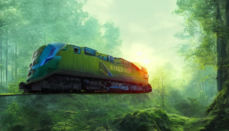 Image similar to futuristic cargo train driving through forest, matte painting, artstation, sunrise, blue sky, solarpunk