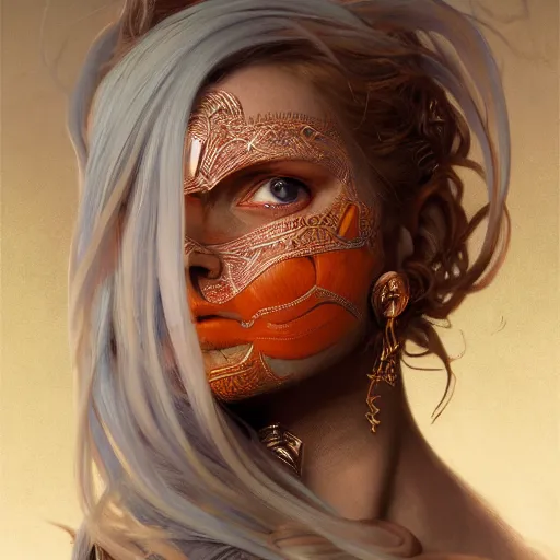 Image similar to portrait of a norse moon goddess with orange skin and a ceramic face mask, intricate, elegant, highly detailed, digital painting, artstation, concept art, smooth, sharp focus, illustration, art by artgerm and greg rutkowski and alphonse mucha and william - adolphe bouguereau