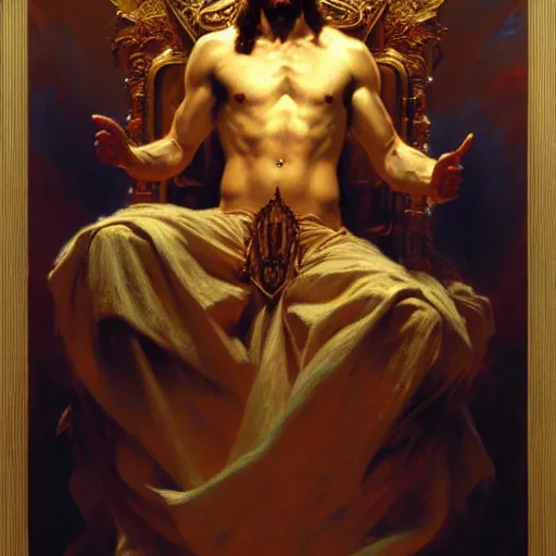 Prompt: full body portrait of blinfolded!!!! jesus christ sitting on a throne of entwined bodies, elegant, highly detailed painting by gaston bussiere, craig mullins, j. c. leyendecker, 8 k, mid shot