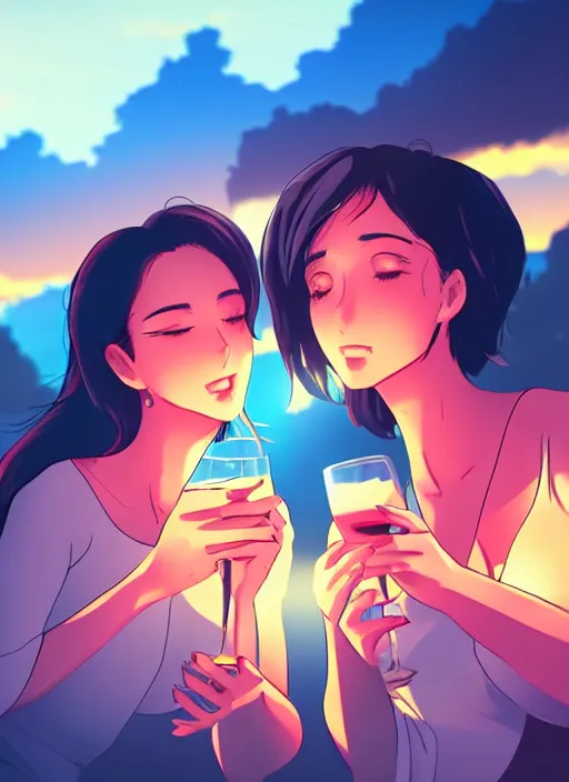 Prompt: two beautiful mothers drinking on a hot summer evening, gorgeous faces, thick lines, cinematic lighting, detailed anime art