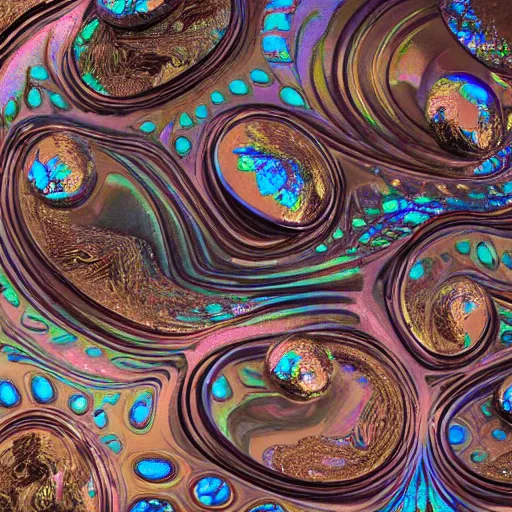 Prompt: Art Nouveau cresting oil slick waves, hyperdetailed bubbles in a shiny iridescent oil slick wave, black opals, ornate copper patina medieval ornament, rococo, oganic rippling spirals, octane render, 8k 3D