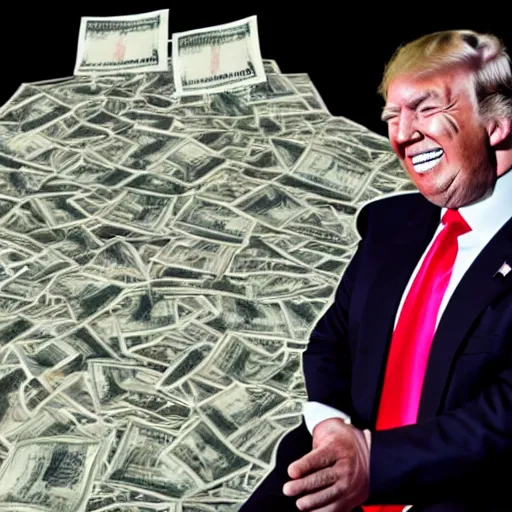 Prompt: Donald Trump laughing while sitting next to a pile of money on a table