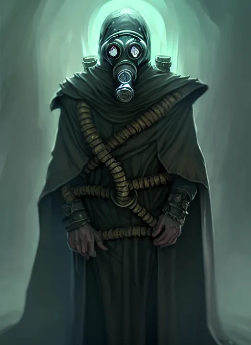 Image similar to concept art illustration of the old necromancer, wearing a wizard cloak, gas mask, in the style of angelarium, hyper detailed, intricate, complex, 8 k, crisp,