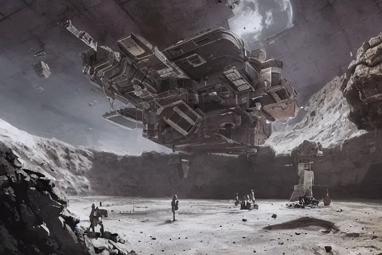 Prompt: cinematic image of a large lunar base inside a crater, brutalist architecture, 1950s sci-fi, art by greg rutkowski and ruan jia and Daytoner