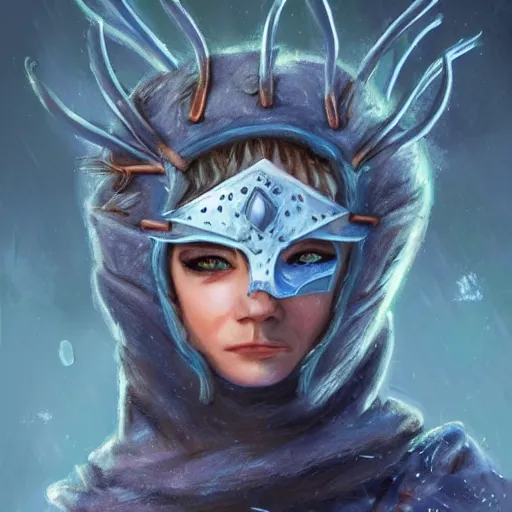 Image similar to bandit from ‘ icewind dale ’, with a frost blue gem mask lined with copper, ‘ icewind dale 2 ’ profile portrait by ‘ justin sweet ’, falling snow, soft focus, illustration, oil paint, artstation