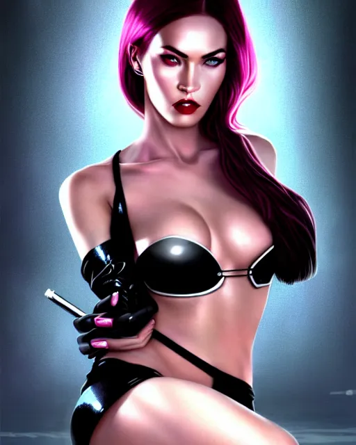 Image similar to 3 d cyperpunk megan fox with dark eye makeup and pink glossy lipstick, chrome bikini, long windblown black hair, seductive camisole, pinup, intricate, glamorous fashion pose, sharp focus, illustration, highly detailed, digital painting, concept art, art by wlop, arney freytag, charlie bowater, loish