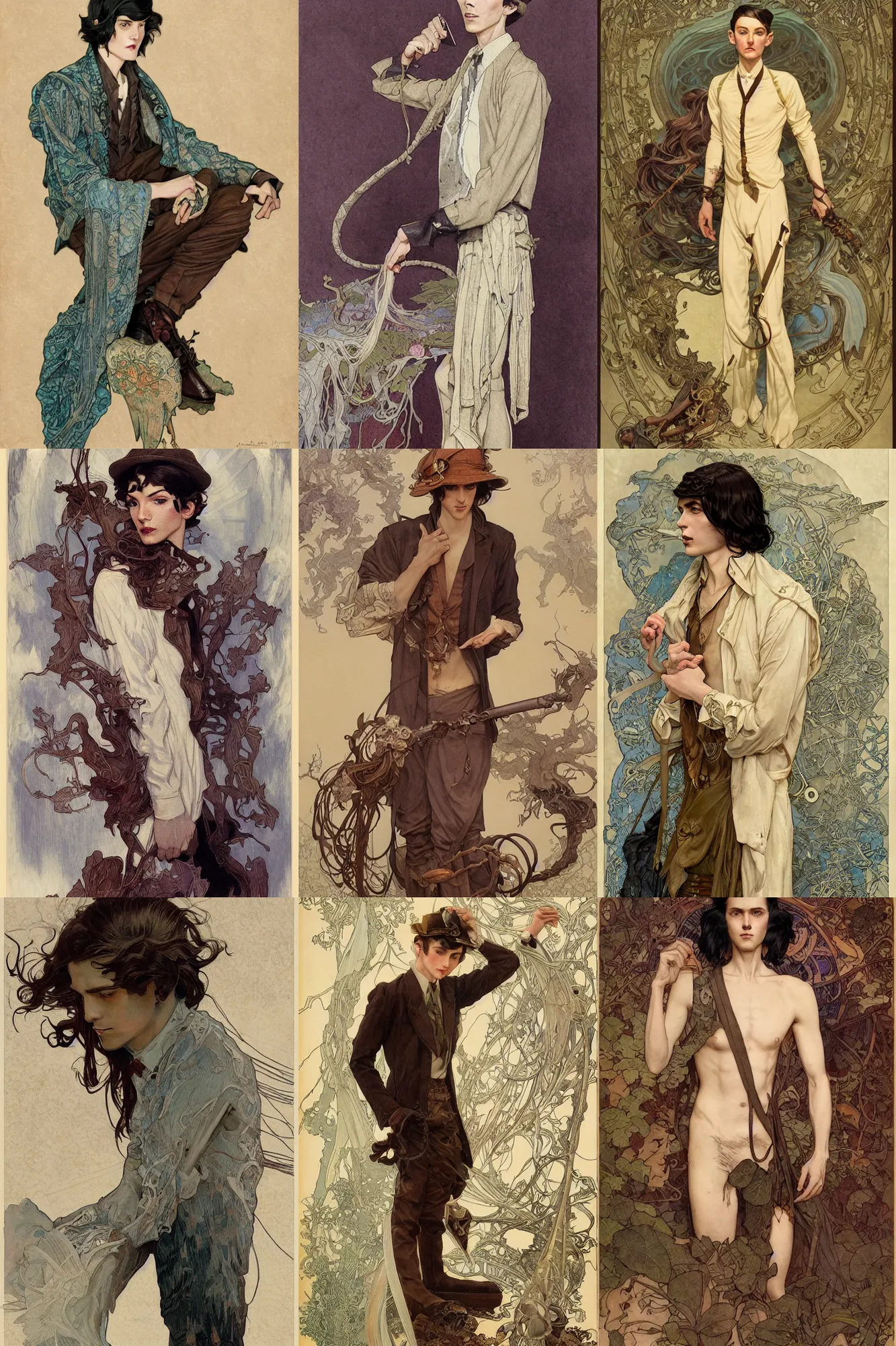 Prompt: thin young male, long dark hair, 1 9 2 0 s clothes, fantasy, highly detailed, intricate, smooth, art by joseph leyendecker, peter mohrbacher, ruan jia, marc simonetti, ayami kojima, cedric peyravernay, alphonse mucha, victo ngai