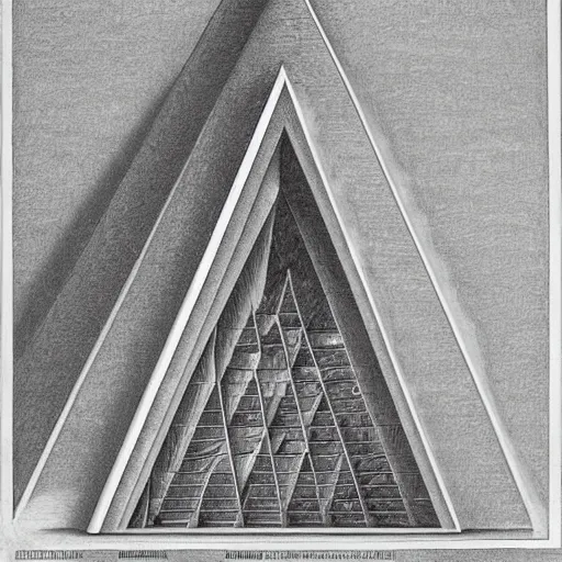 Prompt: realistic drawing of the pyramid at dawn, by maurits cornelis escher