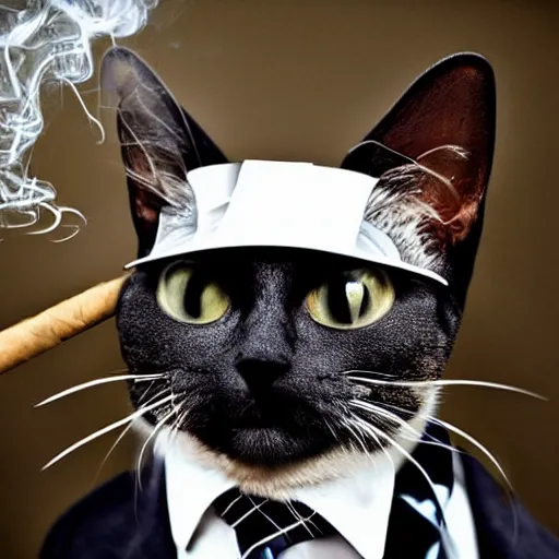 Image similar to cat wearing a suit smoking a cigar