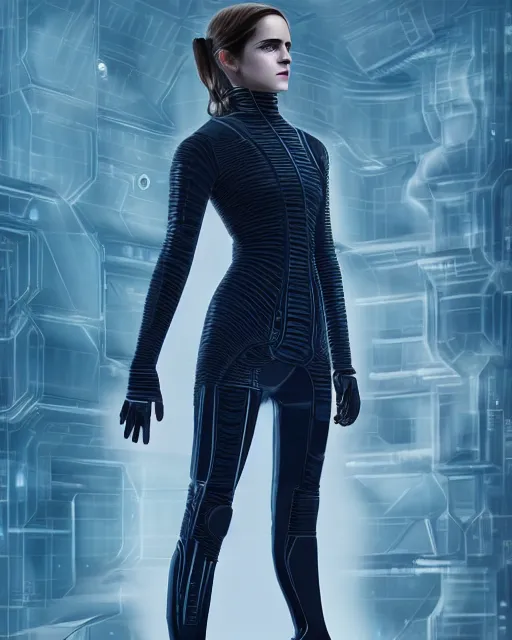 Image similar to full body shot of emma watson dressed in futuristic cyberpunk clothing, hogwarts, d & d, soft diffused light, bjork aesthetic, translucent, by rineke dijkstra and artgerm, intricate details, highly detailed, masterpiece, 8 5 mm