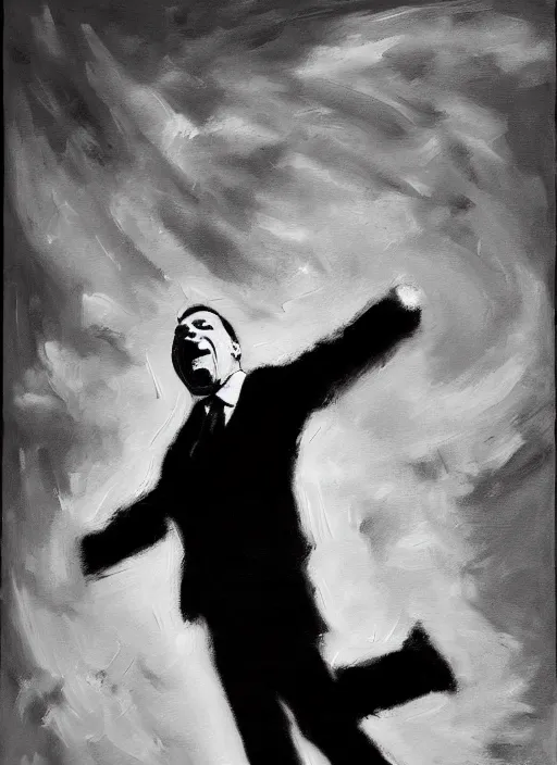 Prompt: painting by jon hale!! of gene takovic from better call saul, black and white, monochromatic, screaming, cinnabons flying, angry, fist flying, blurred brush strokes, hd, visible texture, sad, great composition