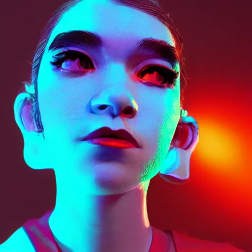 Image similar to grimes on stage dancing, volumetric neon lights in the background, gleaming, 3 5 mm photography, portrait!!!!!!, trending on artstation, 4 k, 8 k, zbrush, mannerism