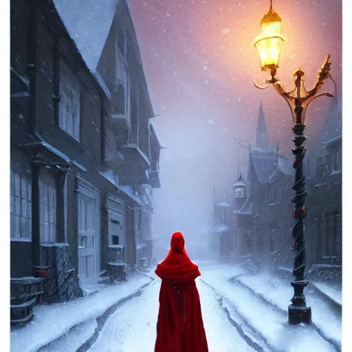 Image similar to girl in red cloak walks through snowy town by lamplight, detailed intricate ink illustration, dark atmosphere, detailed illustration, hd, 4k, digital art, overdetailed art, concept art, by greg rutkowski, by loish, complementing colors, Trending on artstation, deviantart